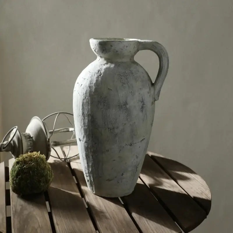 DecorBites rustic handmade ceramic vase in matte gray with coarse pottery texture and sturdy handle for home decor
