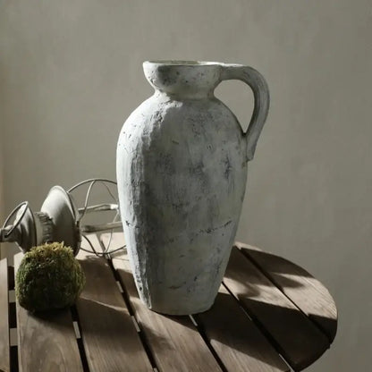 DecorBites rustic handmade ceramic vase in matte gray with coarse pottery texture and sturdy handle for home decor
