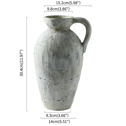 DecorBites rustic handmade ceramic vase in coarse pottery with a textured gray finish and sturdy handle for home decor