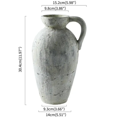 DecorBites™ rustic handmade ceramic vase with a textured gray coarse pottery pitcher and sturdy handle for home decor