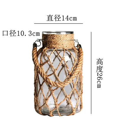 Decorbites™ rustic hanging glass vase wrapped in natural hemp rope with metal rings for hanging glass vase use