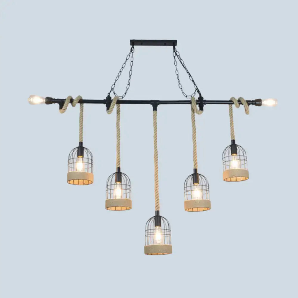 Industrial-style DecorBites™ rustic iron birdcage suspended lighting fixture with five black metal and beige rope lamps for dining room ceiling light