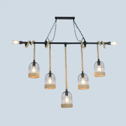 Industrial-style DecorBites™ rustic iron birdcage suspended lighting fixture with five black metal and beige rope lamps for dining room ceiling light