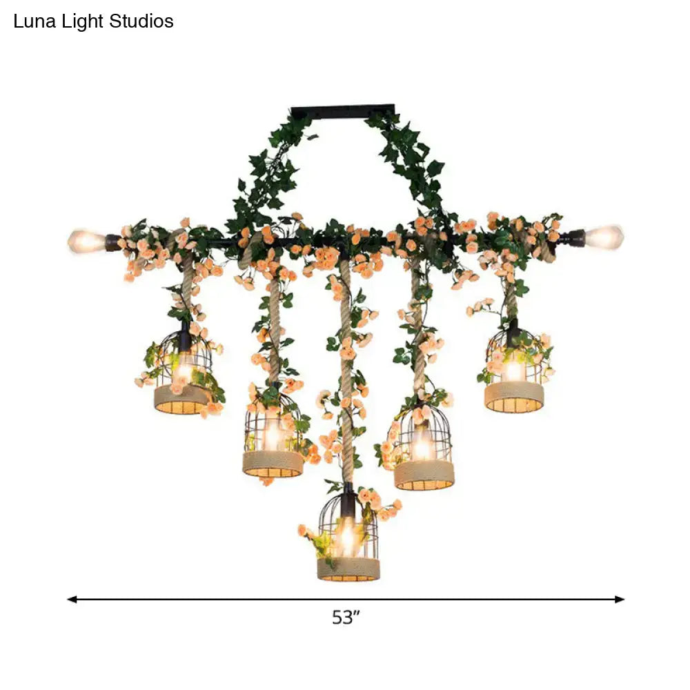 DecorBites™ rustic iron birdcage island ceiling light with five vine-adorned cages for dining room suspended lighting fixture
