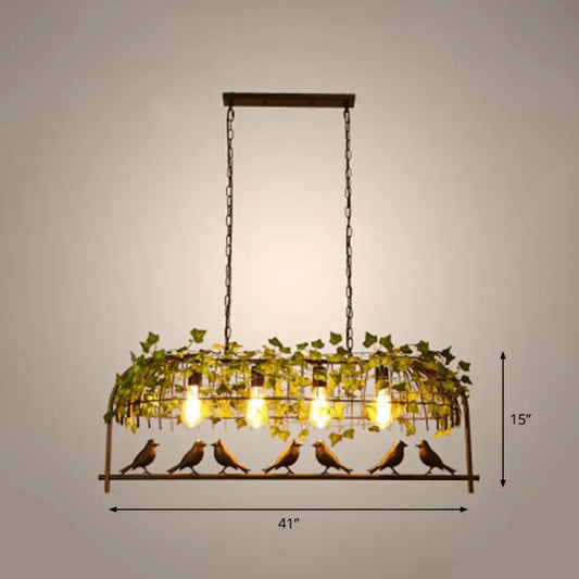 DecorBites™ rustic island ceiling light featuring a bronze birdcage fixture with ivy vines and industrial style bulbs