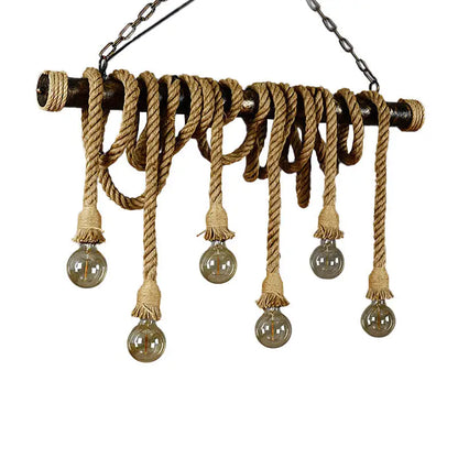 DecorBites rustic jute rope island pendant light with dark wood beam beige rope wrapping and clear glass globe bulbs