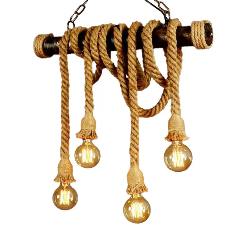 Rustic industrial jute rope island pendant light with thick beige rope and four glowing amber filament bulbs for wine bar