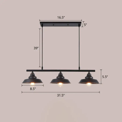 Black industrial-style three-light pendant ceiling light with matte dark coffee metal shades and rectangular mounting bar 220v-240v 110v-120v