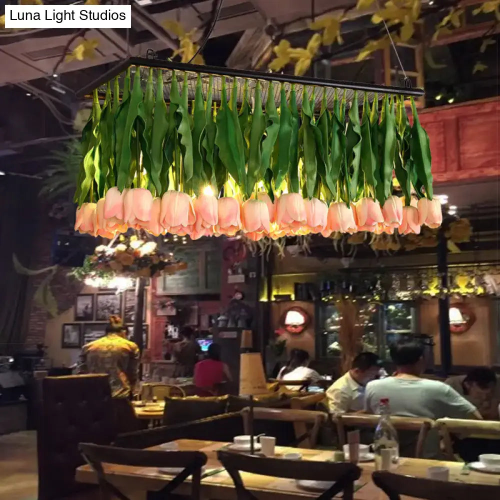 Decorbites rustic metal 4-light tulip bouquet suspension lamp with pink flowers and green leaves light fixture