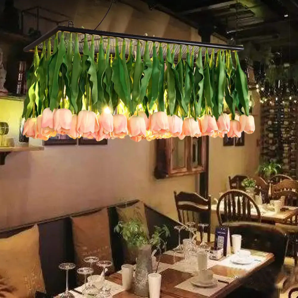 DecorBites™ rustic metal 4-light suspension lamp with pink tulip bouquet and green leaves for restaurant lighting
