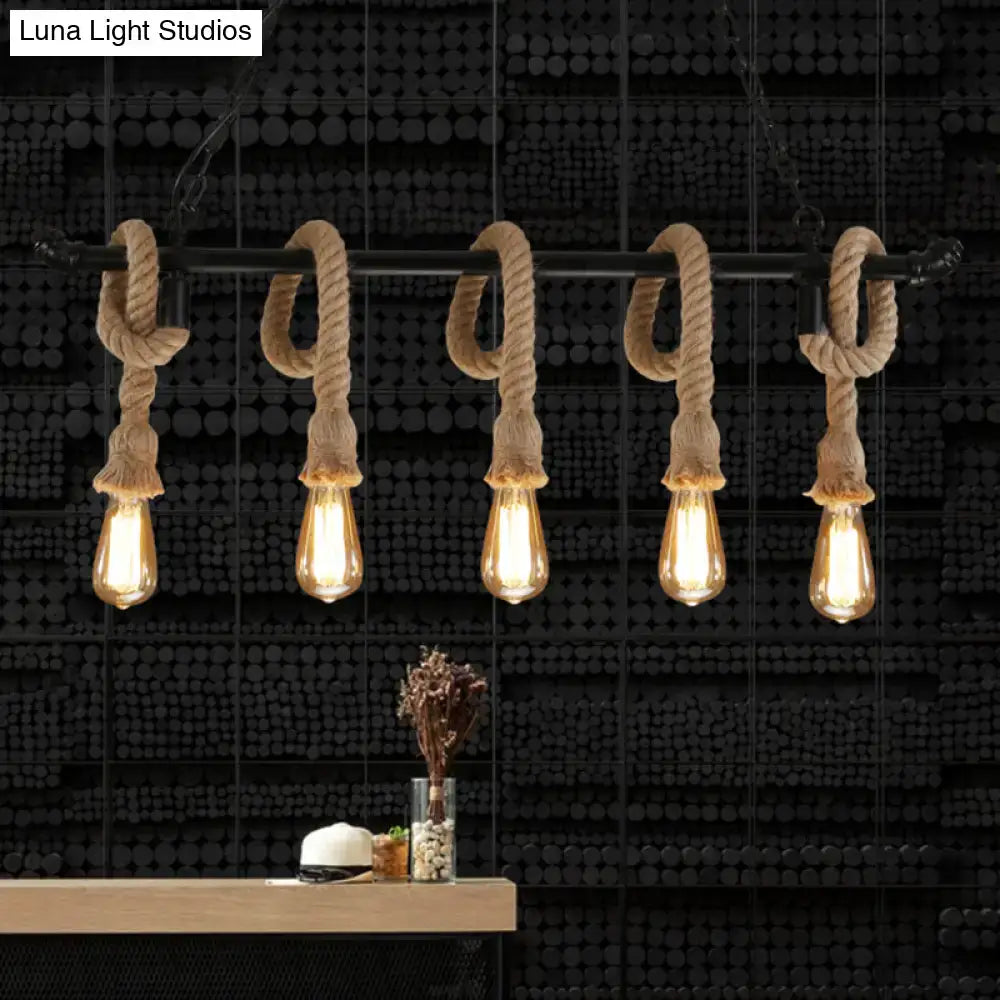 DecorBites™ rustic metallic water pipe hanging lamp with five exposed edison bulbs and hemp rope chandelier light