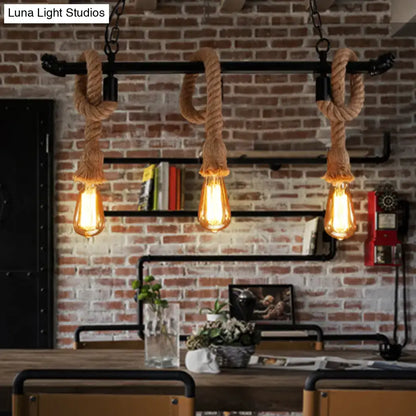 Decorbites rustic metallic black water pipe hanging lamp with three edison bulbs and hemp rope chandelier light