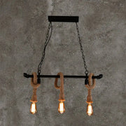 DecorBites™ rustic black metal water pipe hanging lamp with three edison bulbs and hemp rope chandelier light