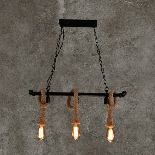 DecorBites™ rustic black metal water pipe hanging lamp with three edison bulbs and hemp rope chandelier light