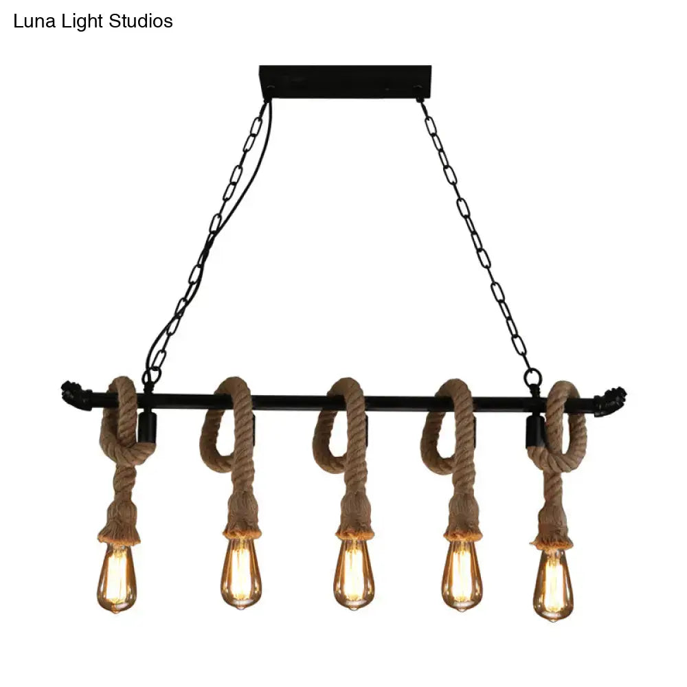 Black metal DecorBites Rustic water pipe hanging lamp with five rope-wrapped Edison bulbs chandelier light