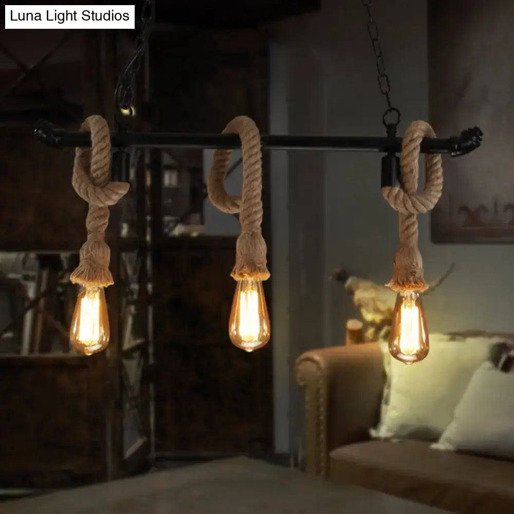 DecorBites rustic metallic water pipe hanging lamp with three amber filament bulbs and hemp rope chandelier light in black