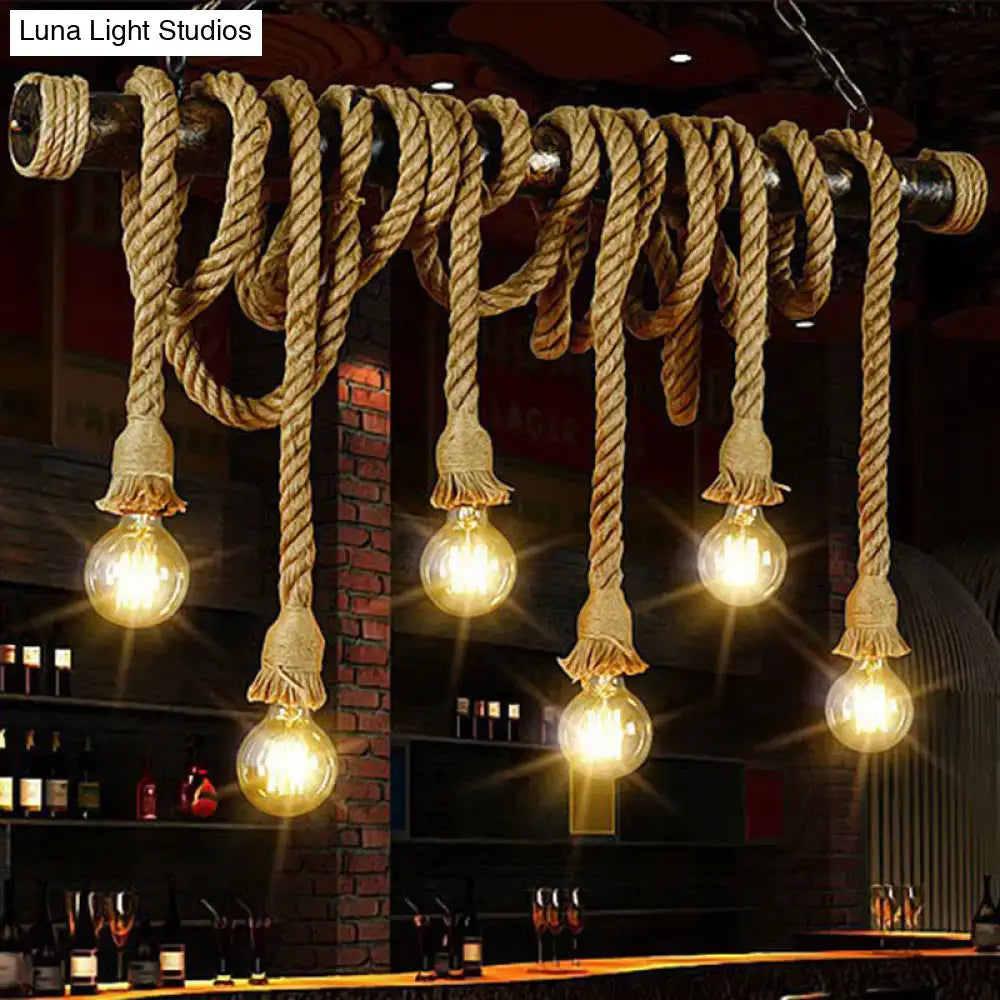 Decorbites™ rustic natural rope island light with five glowing e26 e27 light bulb fixtures and industrial design