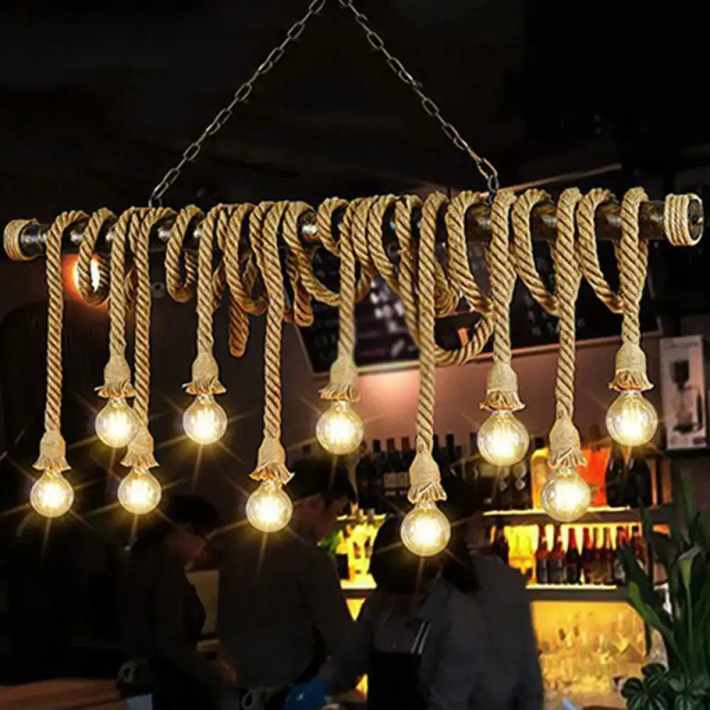 Decorbites rustic natural rope island light with beige rope coiled around metal pipe and e26 e27 bare light bulb