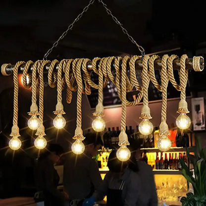 Decorbites rustic natural rope island light with beige rope coiled around metal pipe and e26 e27 bare light bulb
