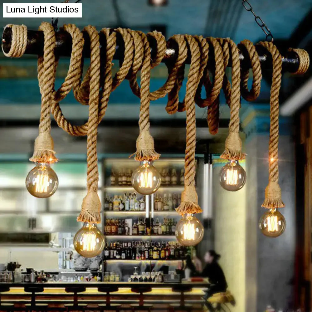 DecorBites™ rustic natural rope island light with black metal pipe and e26 e27 light bulb suspension design