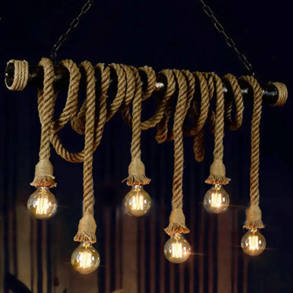 DecorBites rustic natural rope island light with industrial black metal bar and five glowing e26 e27 light bulbs suspended