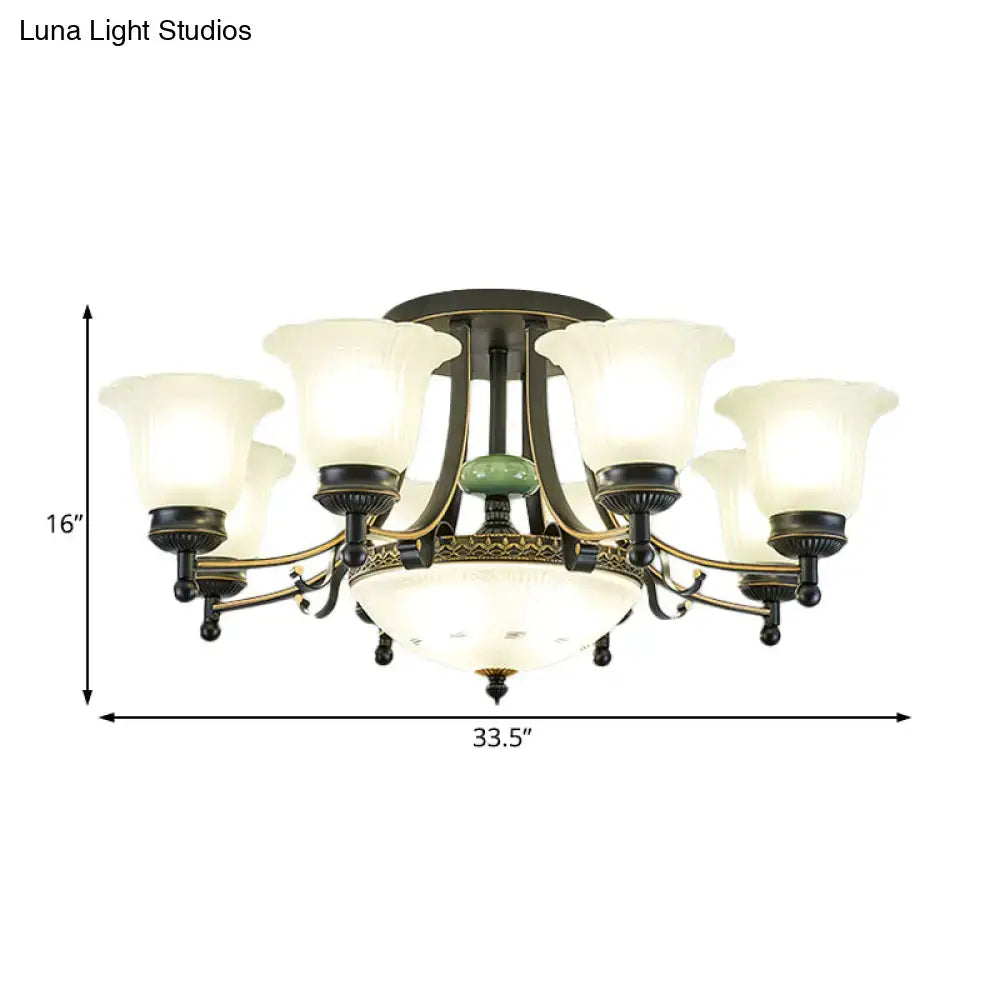Antique brass ceiling light fixture with six frosted opal glass shades and central green accent for living room