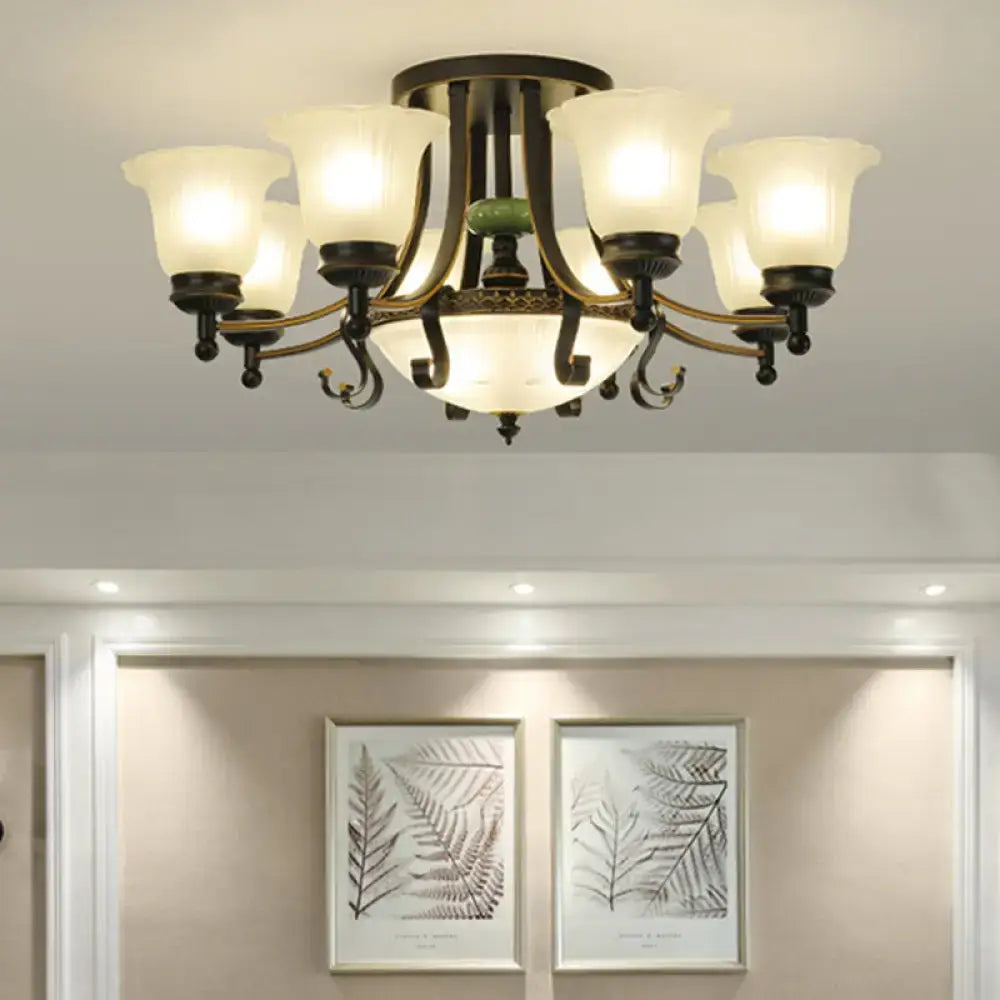 DecorBites rustic opal glass ceiling light fixture with antique bronze finish, six frosted shades, and green accent