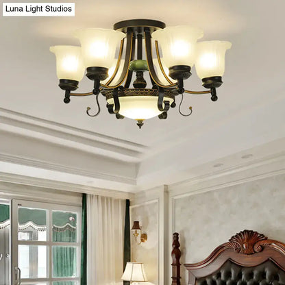 Antique bronze-finished ceiling light fixture with five frosted glass shades and central oval light by DecorBites™
