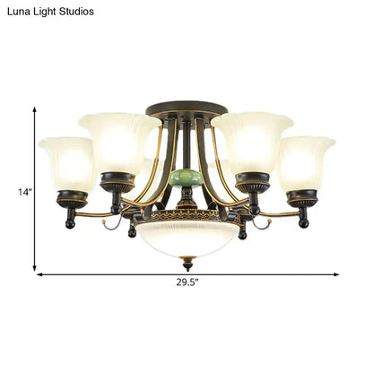 Antique brass and black finish DecorBites rustic ceiling light fixture with six frosted glass shades and green jade accent