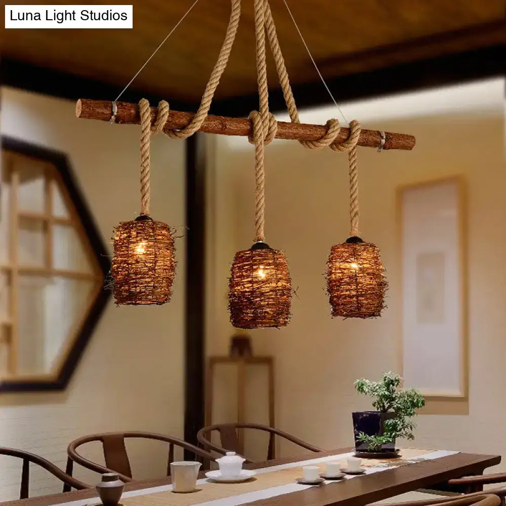 Decorbites rustic rattan woven island pendant light fixture with three wicker shades for dining room hanging lighting