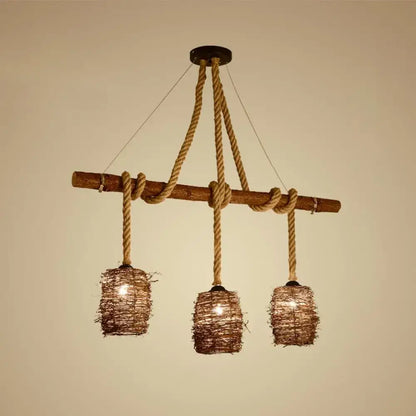 DecorBites rustic rattan woven island pendant light fixture with three brown rope shades for dining room hanging use