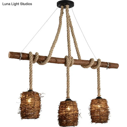 DecorBites Rustic rattan woven island pendant light fixture with natural wood beam and beige rope for dining room hanging