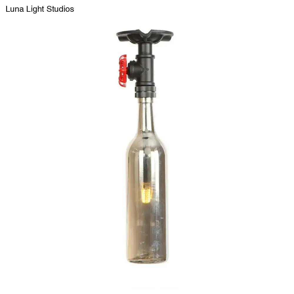 DecorBites™ rustic single light semi flush bottle design lamp with amber glass, black pipe fixture, and red valve handle