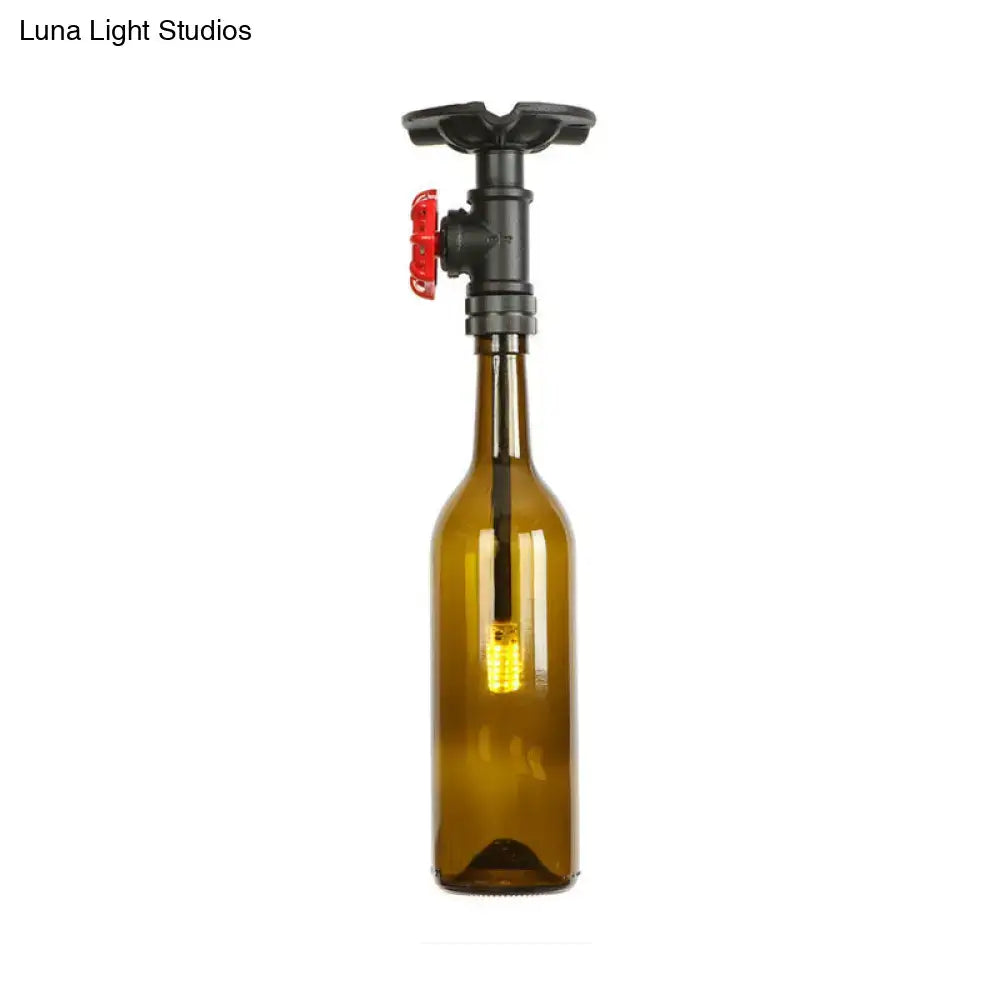 DecorBites™ rustic single light amber glass bottle semi flush lamp with black pipe valve and red handle design