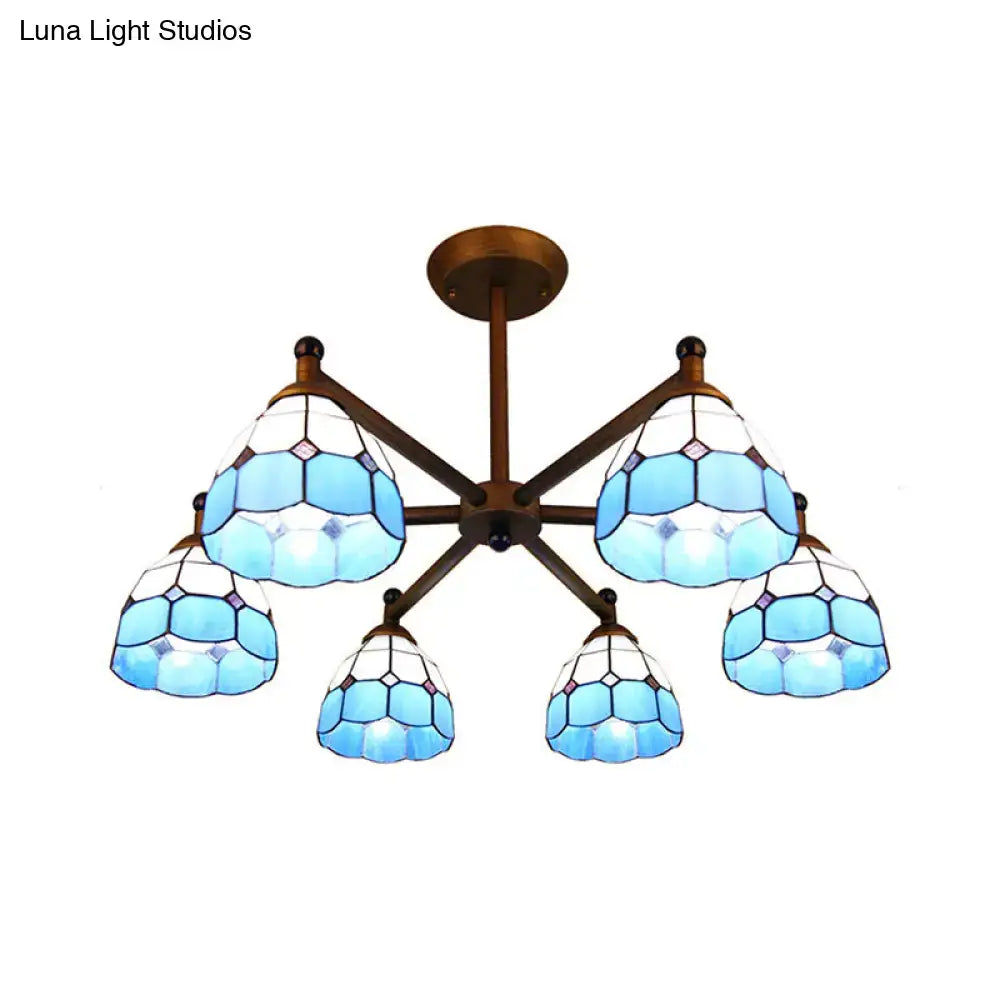 DecorBites rustic style stained glass chandelier light with blue glass and brass arms for dining room lighting