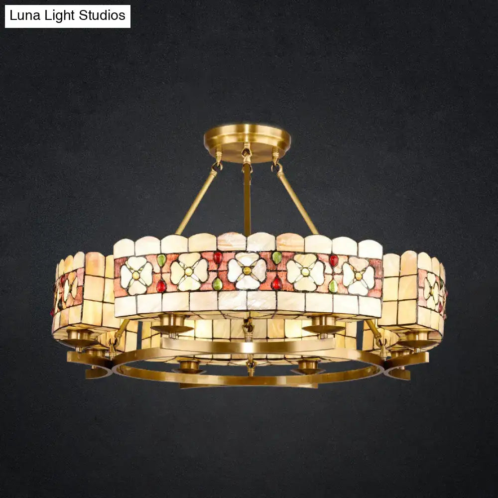 Decorbites™ rustic vintage stained glass chandelier with brass hardware featuring white flower panels 220v-240v 110v-120v