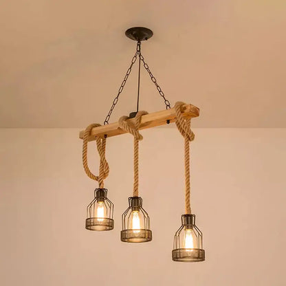 Decorbites™ rustic wood pendant lamp with brown rope suspensions and three vintage e26 e27 cage bulbs island light