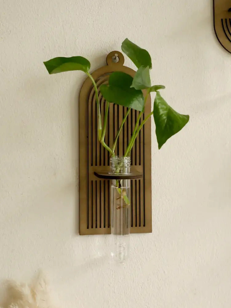 DecorBites rustic wood wall vase with sleek arched design and vertical slats holding vibrant green leaves in glass
