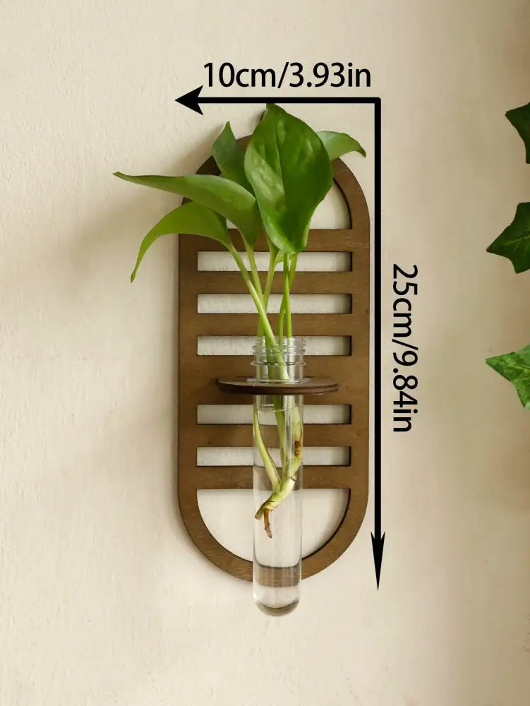 Decorbites™ rustic wood wall vase is a sleek oval wood wall vase with horizontal slats and glass tube for greenery