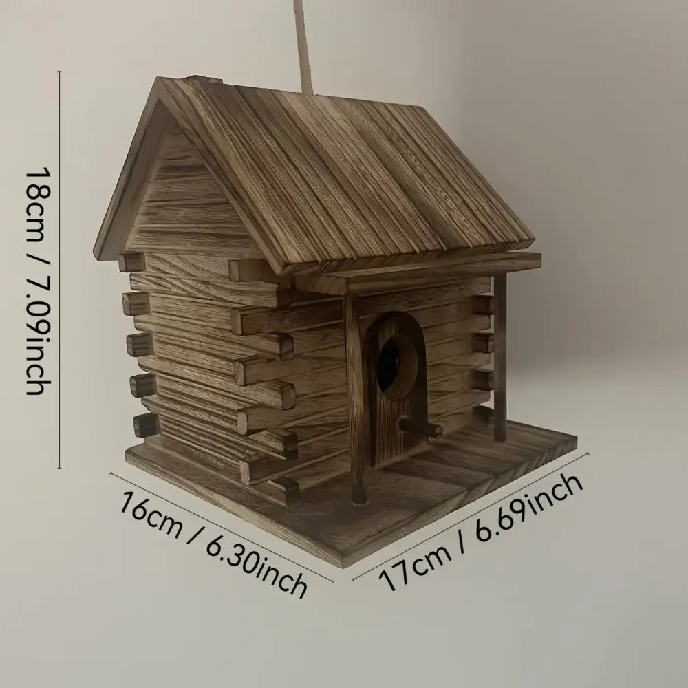 DecorBites™ rustic wooden birdhouse with log cabin design and small arched entrance for hummingbirds and small birds
