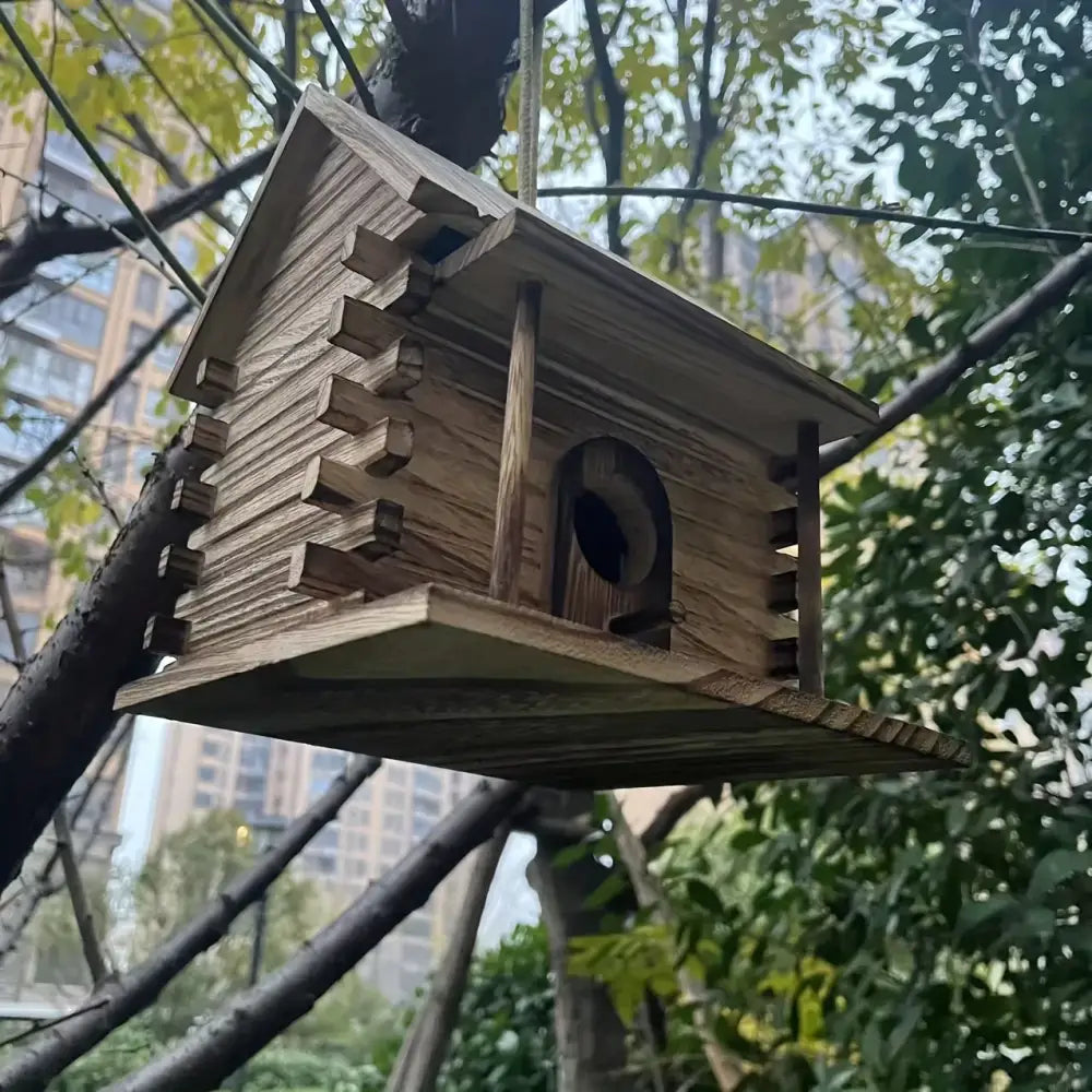 DecorBites rustic wooden birdhouse with natural brown finish and arched entrance for hummingbirds and small birds