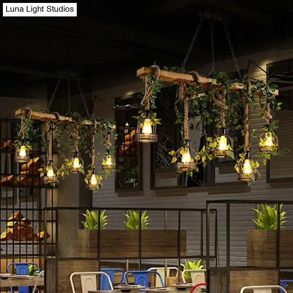 DecorBites™ rustic wooden brown island light with cage shade lanterns and green art ivy pendant hanging decor