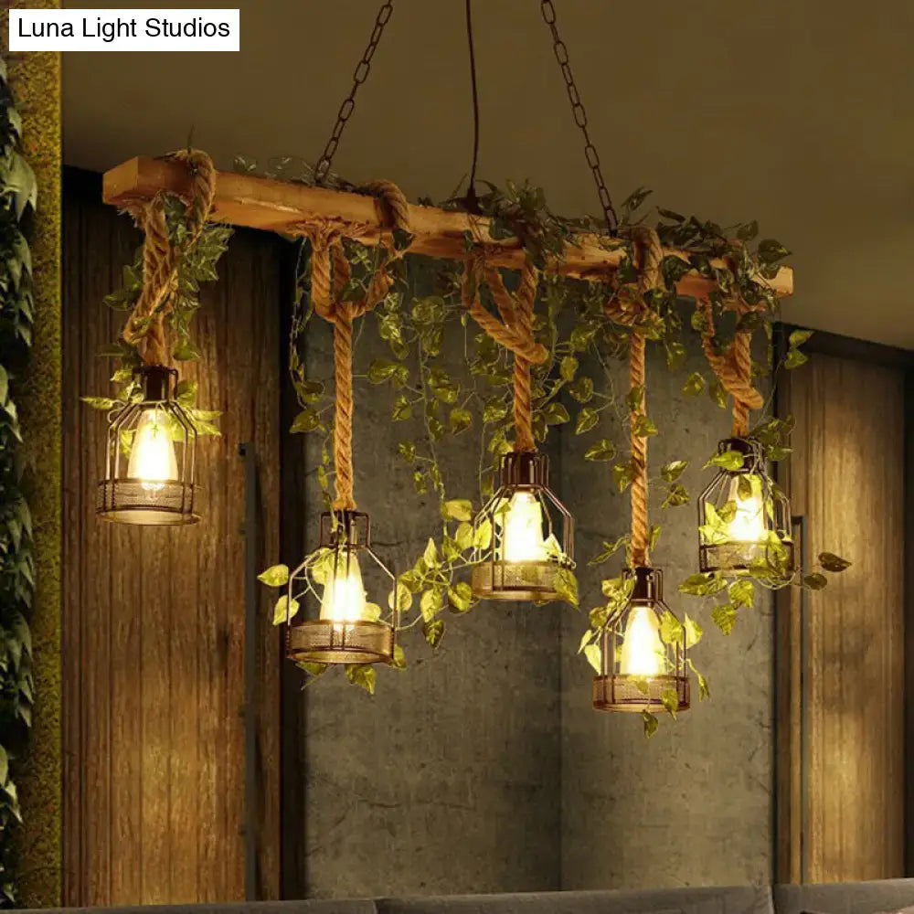 Decorbites rustic wooden brown island light with 5 cage shade heads and green art ivy pendant hanging lanterns