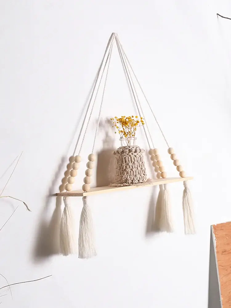 Decorbites™ rustic wooden wall shelf with macrame cords wooden beads tassels in beige for hanging plant storage