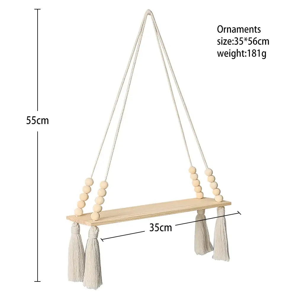 Decorbites™ rustic wooden wall shelf with natural wood finish and cream macrame cords for hanging plant storage