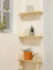 Decorbites™ rustic wooden wall shelf with three-tier hanging wooden wall shelf featuring beaded accents and tassels