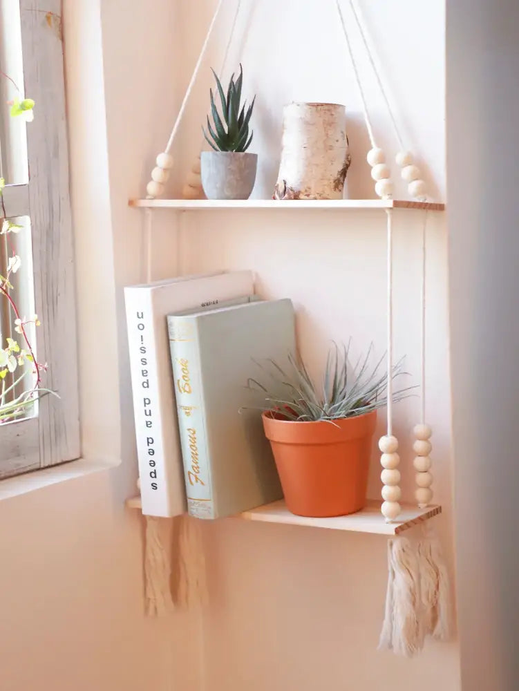 DecorBites™ rustic wooden wall shelf with light wood slats white macrame cords wooden beads and tassels for hanging plants