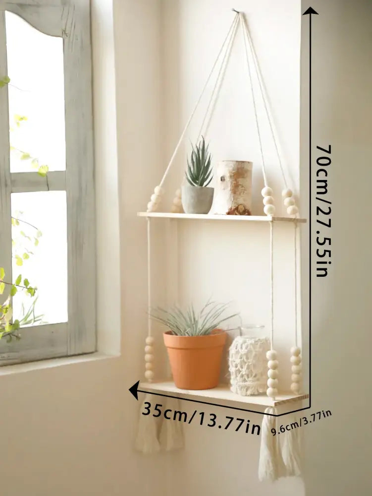 DecorBites™ rustic wooden wall shelf features a minimalist two-tiered design with light wood slats and macrame cords