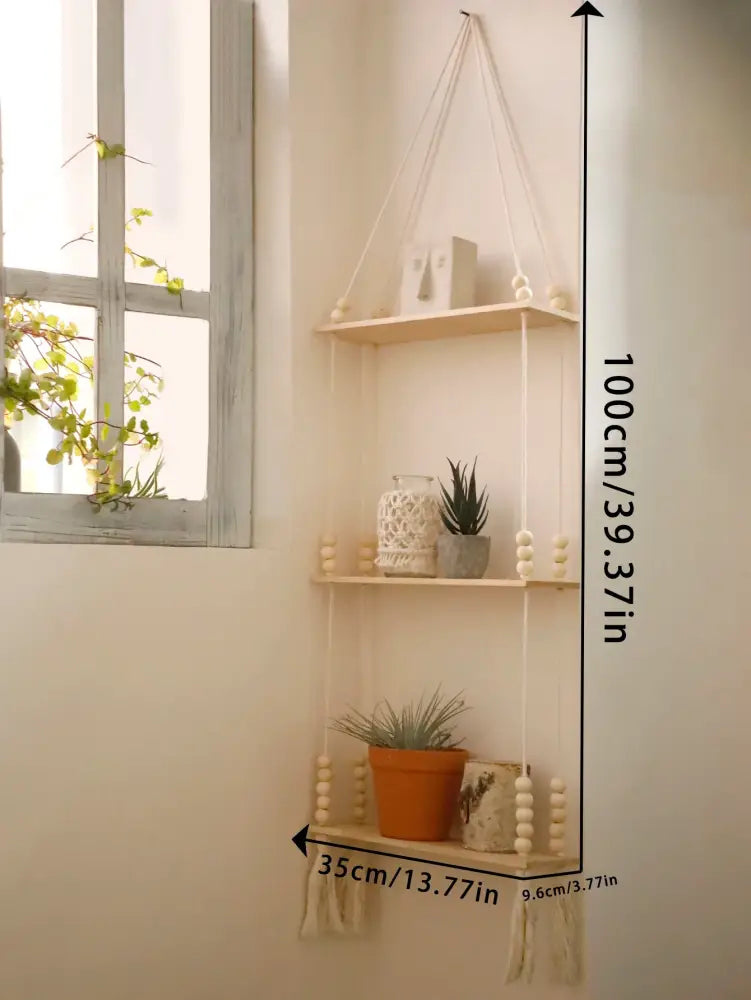 DecorBites™ rustic wooden wall shelf with three light wood tiers and cream-colored macrame cords for hanging plants