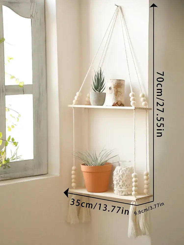 Decorbites™ rustic wooden wall shelf in white macrame with wooden slats and beaded tassels for hanging plant storage